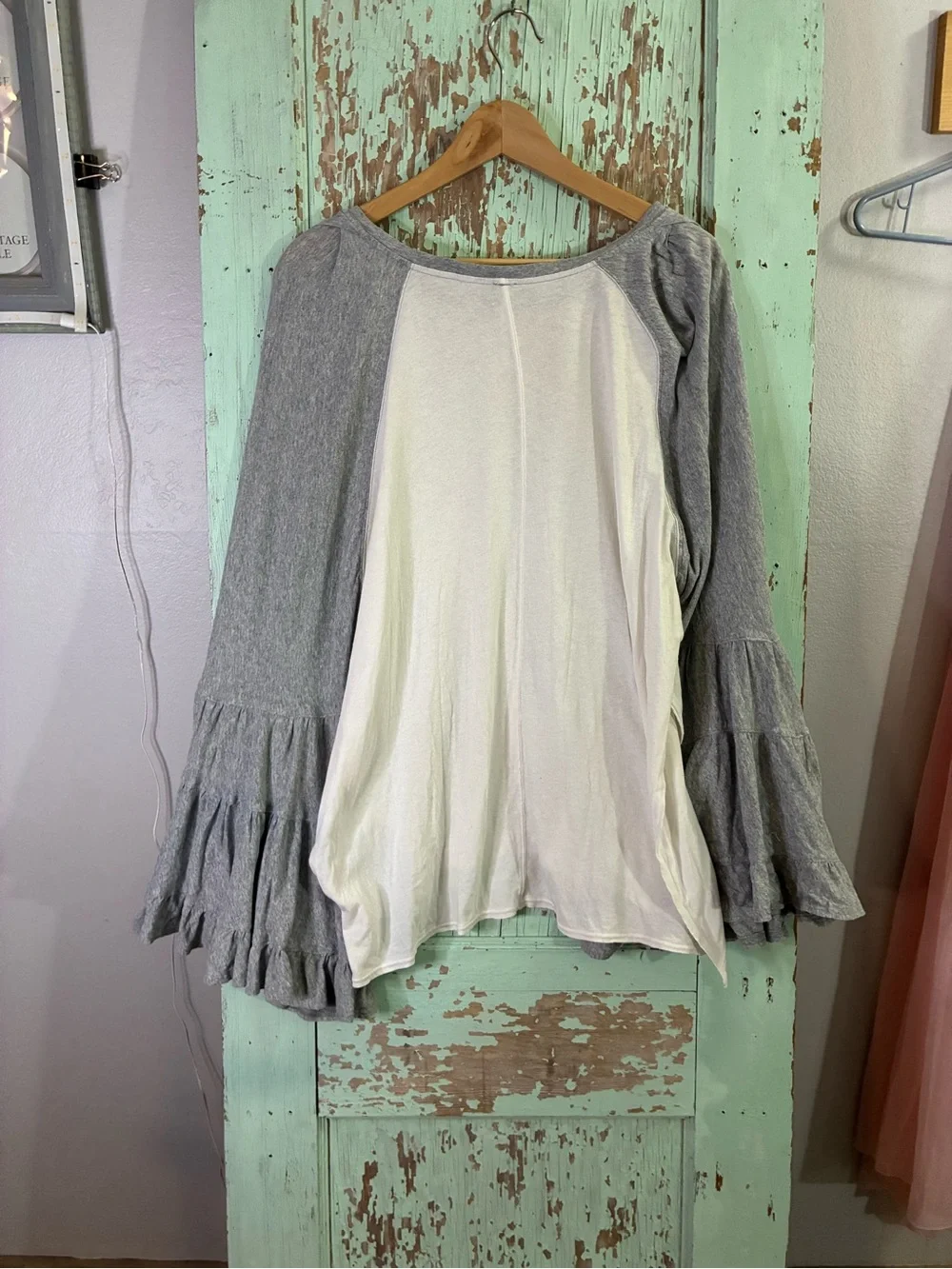 Free People Cream Top with Gray fluttered  Ruffle Sleeves